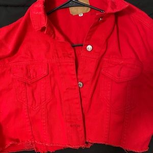 Red distressed jean jacket